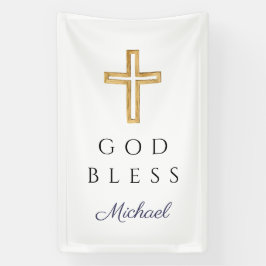 Elegant Navy Blue Script Religious Boy God Bless Banner