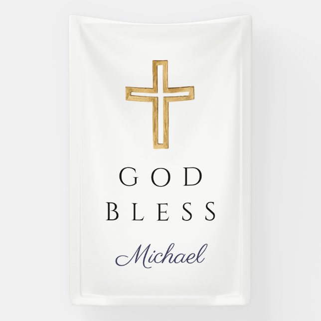 Elegant Navy Blue Script Religious Boy God Bless Banner (Vertikal)