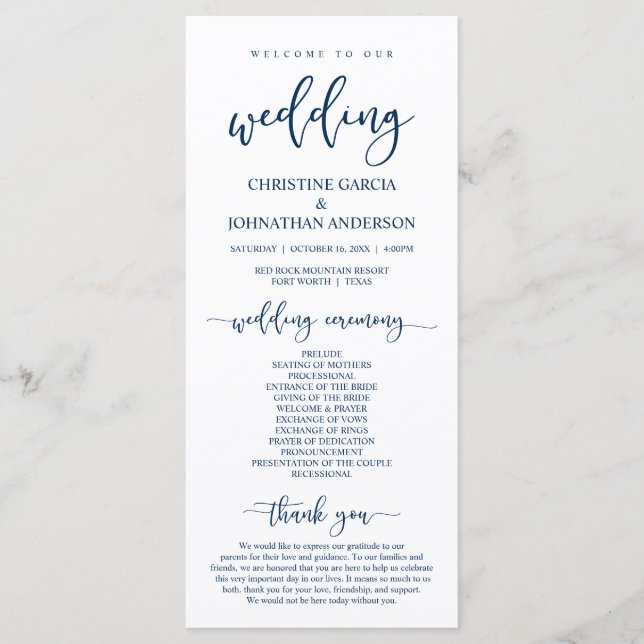 Elegant Navy Blue Script, Unsere Hochzeitsfeier Programm (Vorderseite)