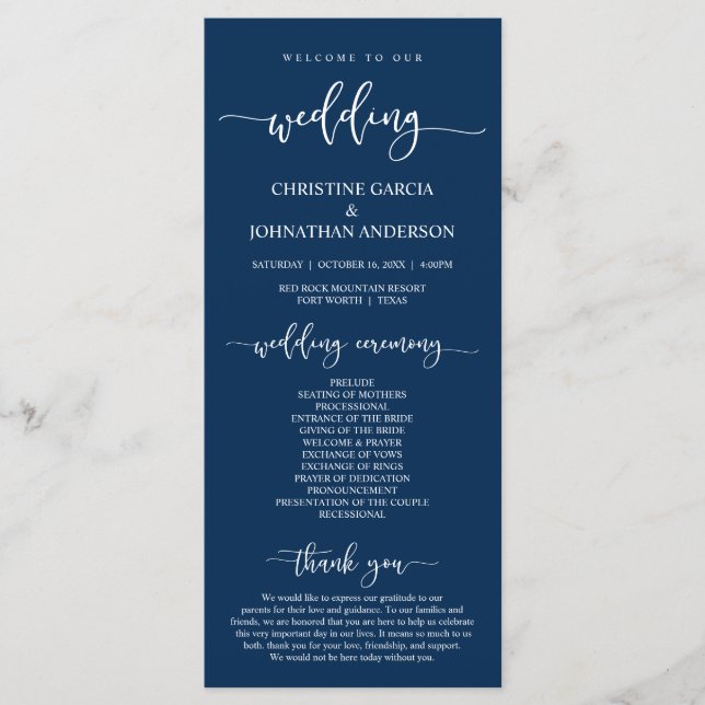 Elegant Navy Blue Script, Unsere Hochzeitsfeier Programm (Vorderseite)