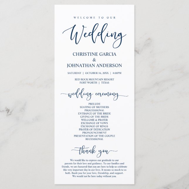 Elegant Navy Blue Script, Unsere Hochzeitsfeier Programm (Vorderseite)