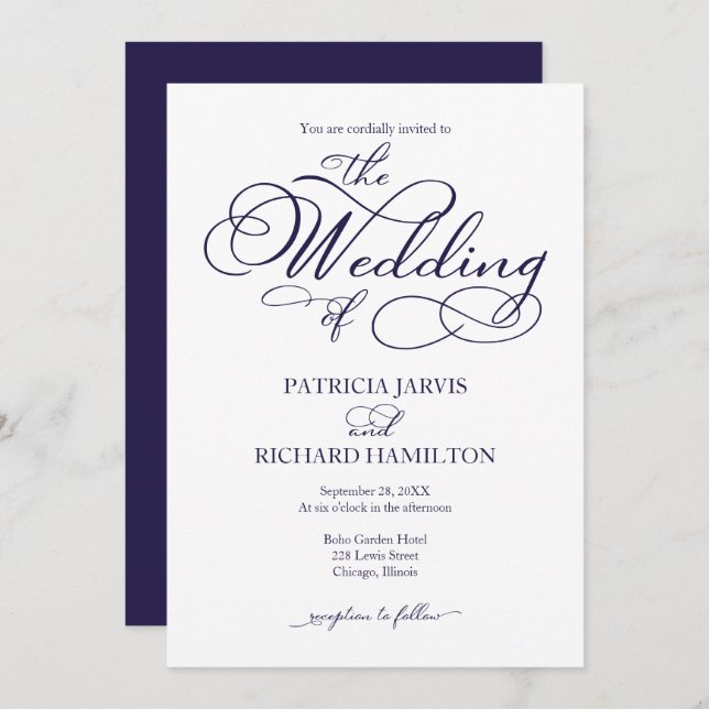 Elegant Navy Blue Script Wedding Einladung (Vorne/Hinten)