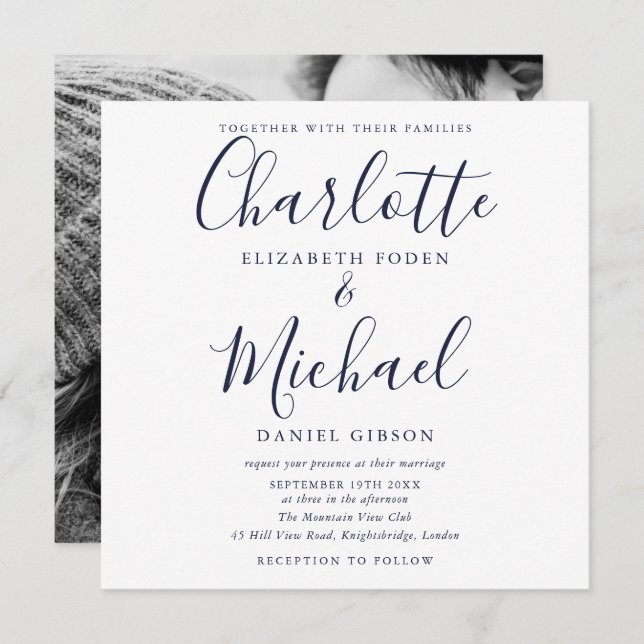 Elegant Navy Blue Script Wedding Foto Einladung (Vorne/Hinten)