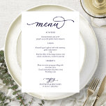 Elegant Navy Blue Script Wedding Menu Menükarte<br><div class="desc">Eine schlichte kalligraphische Hochzeitskarte. Ich biete einen kostenlosen Kundenservice an; wenn Sie Fragen oder besondere Wünsche haben,  kontaktieren Sie mich bitte.</div>
