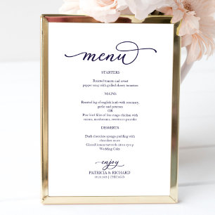 Elegant Navy Blue Script Wedding Menu Sign Poster
