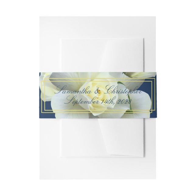 Elegant Navy Blue Script White Rose Frame Gold Einladungsbanderole (Vorderseite Beispiel)