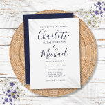 Elegant Navy Blue Signature Script Hochzeit Einladung<br><div class="desc">Diese elegante,  blau-weiße Hochzeitseinladung mit ihren charakteristischen Stilnamen kann mit Ihren Informationen in schicker Schrift personalisiert werden. Entwickelt von Thisisnotme©</div>
