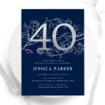 Elegant Navy Blue Silver 40. Geburtstag Einladung<br><div class="desc">Elegant marineblau silber 40. Geburtstag Party Einladung. Individuell anpassbares modernes feminines Design mit Rose botanischen Akzenten und Imitaten Glitzer Silber. Einfache florale Einladungskarte perfekt für eine stilvolle Damenfeier. Personalisieren Sie Ihre persönlichen Daten. Gedruckte Zazzle Einladungen oder Sofortdownload digitalen druckbaren Vorlage.</div>