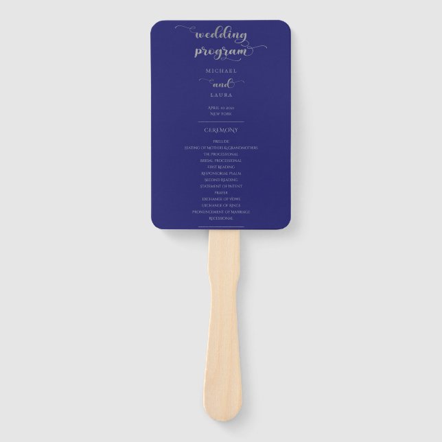 Elegant Navy Blue Silver Calligraphy Wedding Fächer (Vorderseite)