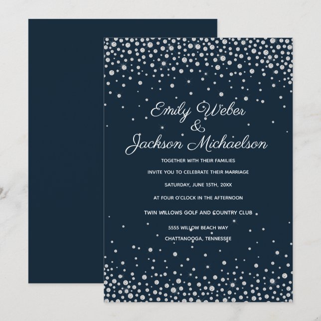 Elegant Navy Blue Silver Diamond Confetti Wedding Einladung (Vorne/Hinten)