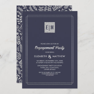 Elegant Navy Blue   Silver Engagement Party  Einladung