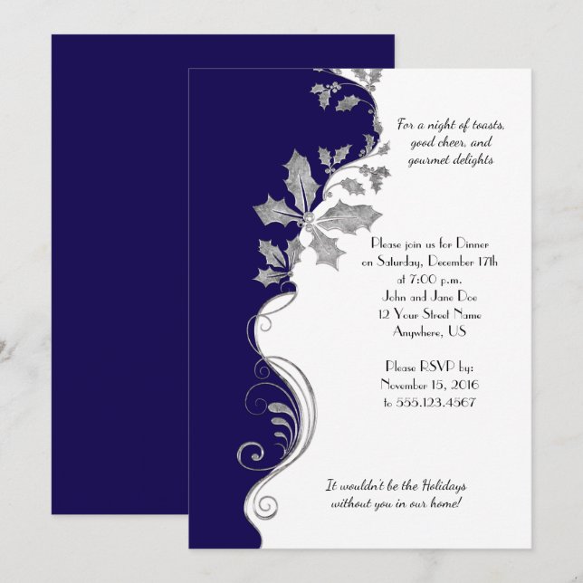 Elegant Navy Blue Silver Holly Christmas Party Einladung (Vorne/Hinten)