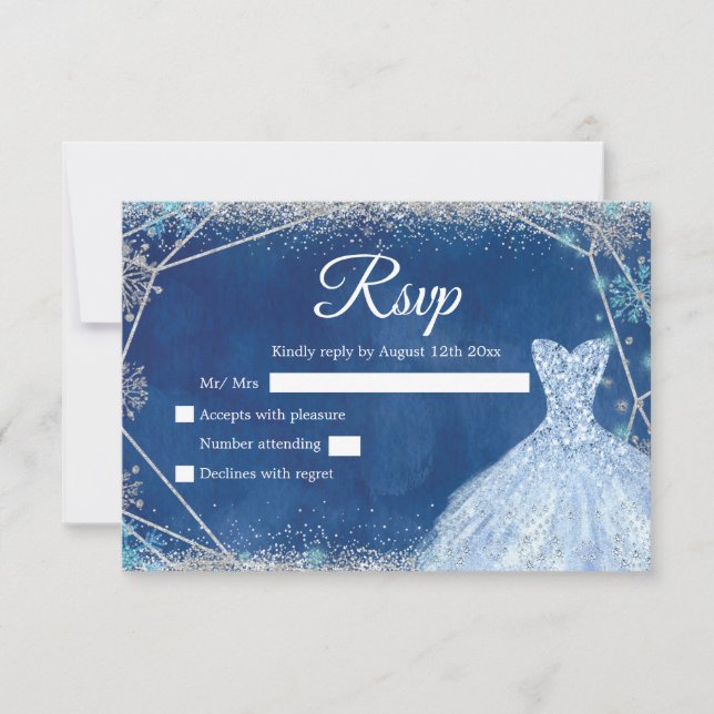 Elegant Navy Blue Silver Winter Quinceañera RSVP Karte (Vorderseite)
