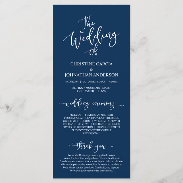 Elegant Navy Blue Skript, Hochzeitfeier Programm (Vorderseite)