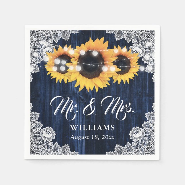 Elegant Navy Blue Sunflower Floral Lace Wedding Serviette (Vorderseite)