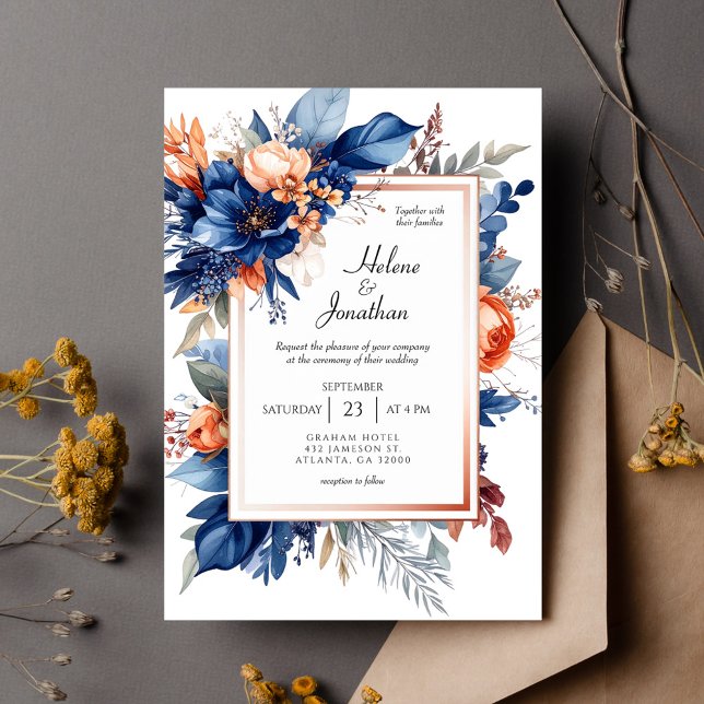 Elegant Navy Blue Terracotta Floral Boho Wedding Einladung (Elegant Navy Blue Terracotta Floral Boho Wedding Invitation)