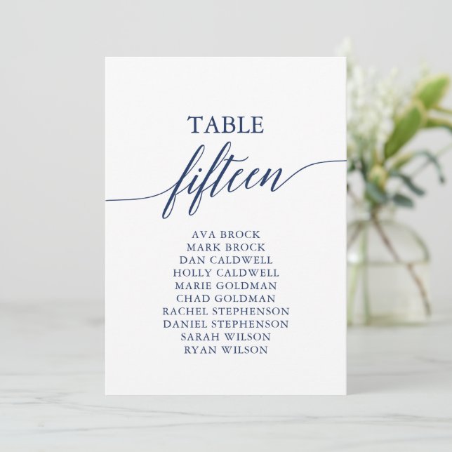 Elegant Navy Blue Tischnummer 15 Seating Chart (Stehend Vorderseite)