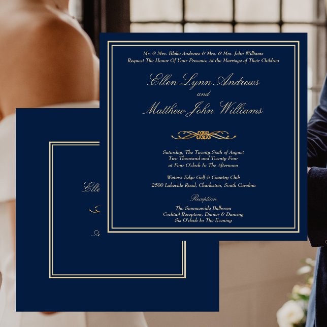 Elegant Navy Blue und Gold feierliche Hochzeit Einladung (Elegant Navy Blue and Gold Formal Wedding Invitation)