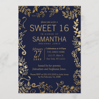 Elegant Navy Blue und Gold Floral Sweet 16 Einladu Einladung
