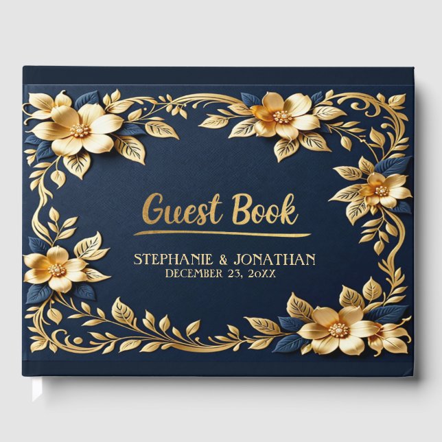 Elegant Navy Blue und Gold Metallic Classic Gästebuch (Vorderseite)