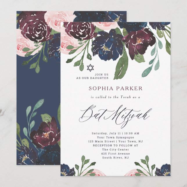 Elegant Navy Blue und Plum Floral | Bat Mitzvah Einladung (Vorne/Hinten)