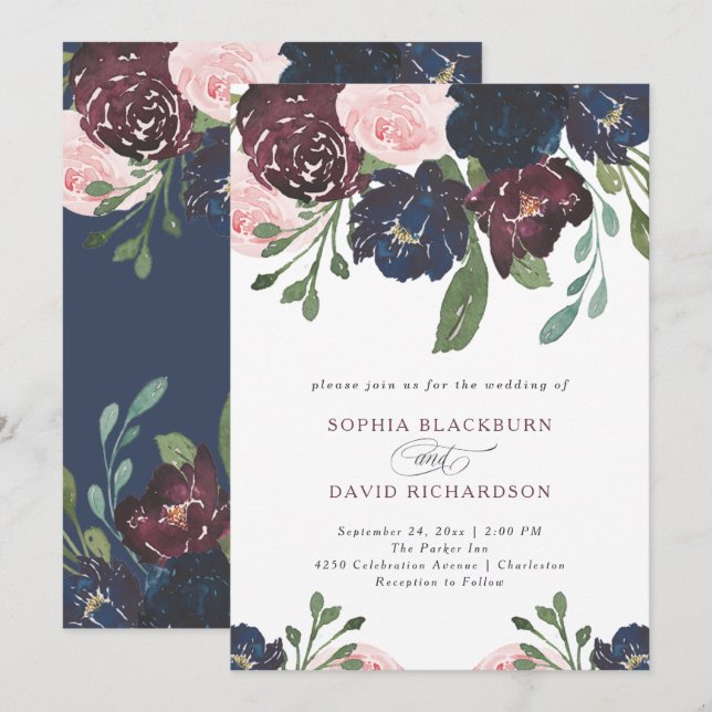 Elegant Navy Blue und Plum Floral | Hochzeit Einladung (Vorne/Hinten)