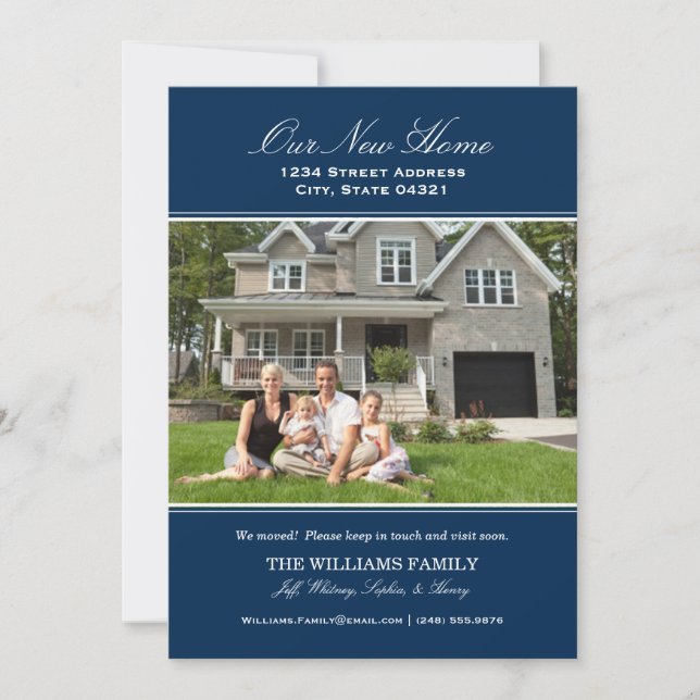 Elegant Navy Blue Unser neues Zuhause Foto Moving Ankündigung (Vorderseite)