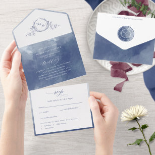 Elegant Navy Blue Watercolor Monogram Wedding All In One Einladung