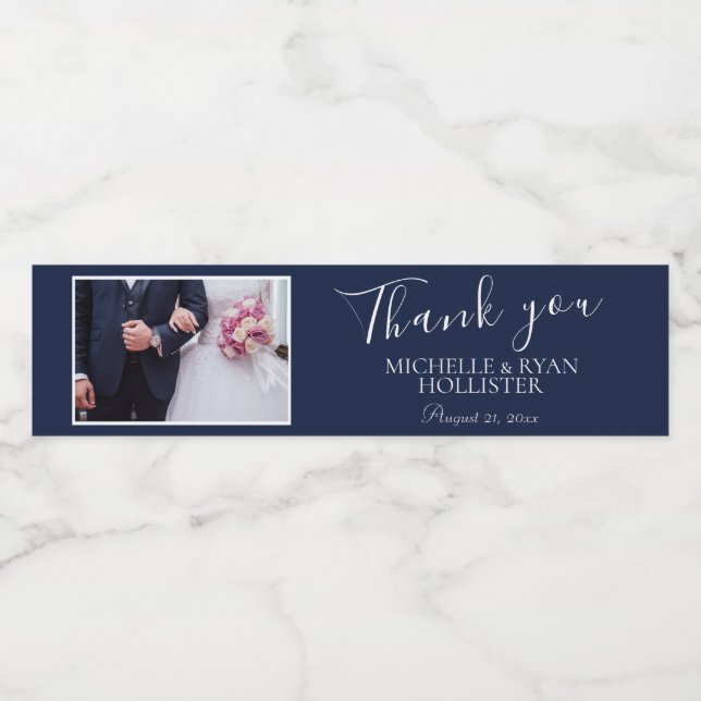 Elegant Navy Blue Wedding Danke Foto (Einzelnes Label)