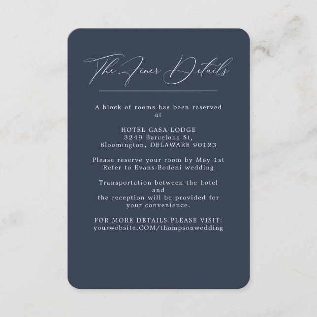 Elegant Navy Blue Wedding Details Begleitkarte (Vorderseite)
