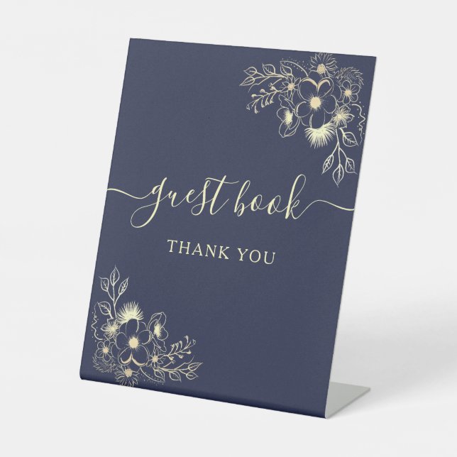 Elegant Navy Blue Wedding Guest Book Sign Sockelschild (Vorderseite)