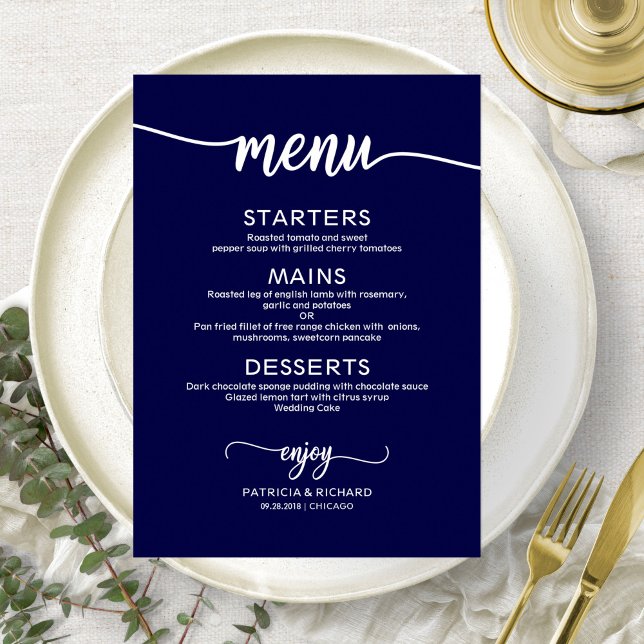 Elegant Navy Blue Wedding Menu Card Menükarte (Von Creator hochgeladen)