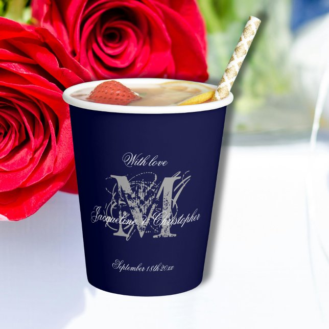 Elegant Navy Blue Wedding Monogram Name Chic Pappbecher (For an Elegant Wedding - Navy Blue, Silver and White Monogram + Bride & Groom Names Chic Paper Cups.)