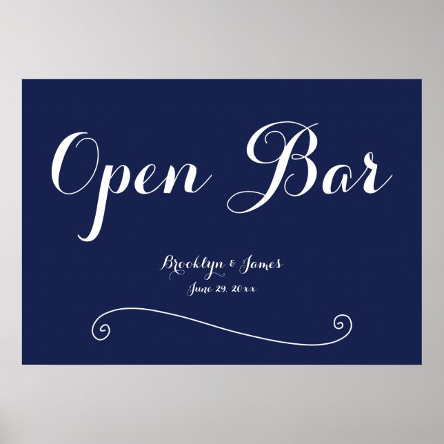 Elegant Navy Blue Wedding Open Bar Sign Poster (Vorne)