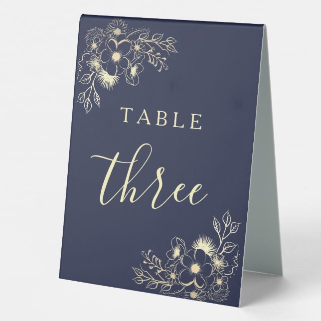 Elegant Navy Blue Wedding Tischnummer Sign Tischaufsteller (Rückseite)
