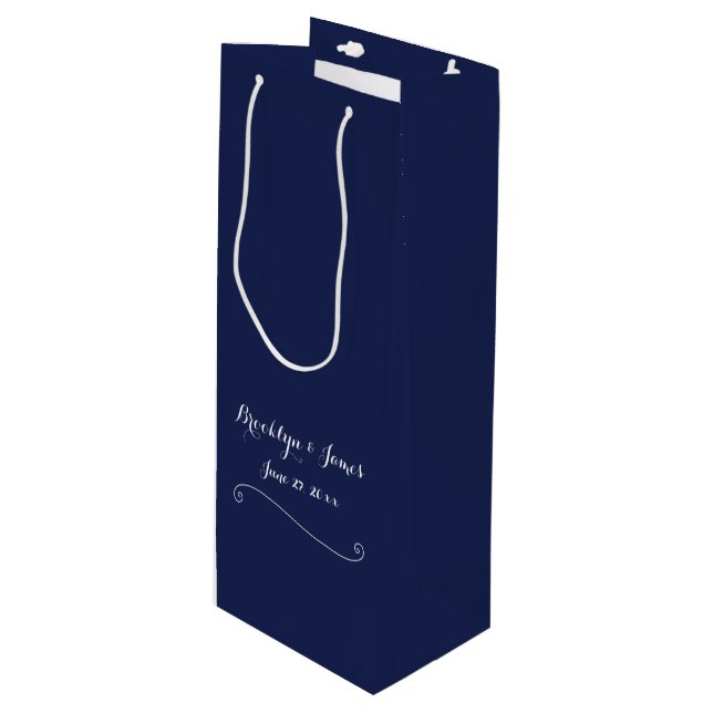 Elegant Navy Blue Wedding Wine Gift Bag Geschenktüte Für Weinflaschen (Vorderseite Schrägansicht)