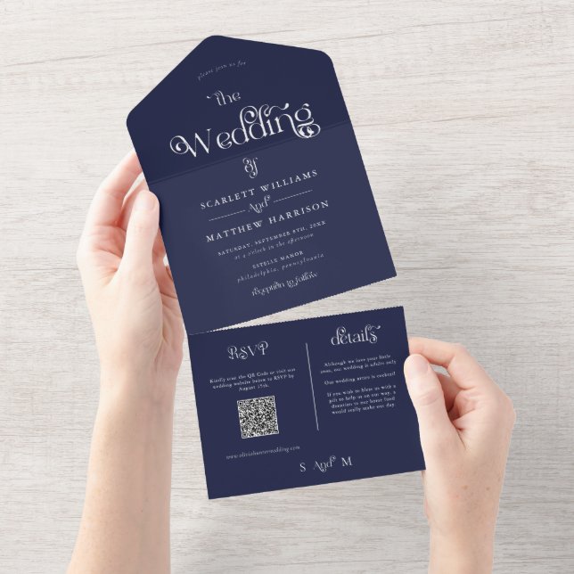 Elegant Navy Blue Whimsical Wedding All In One Einladung (Abreißen)