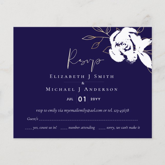Elegant Navy Blue White Gold Wedding RSVP (Vorderseite)