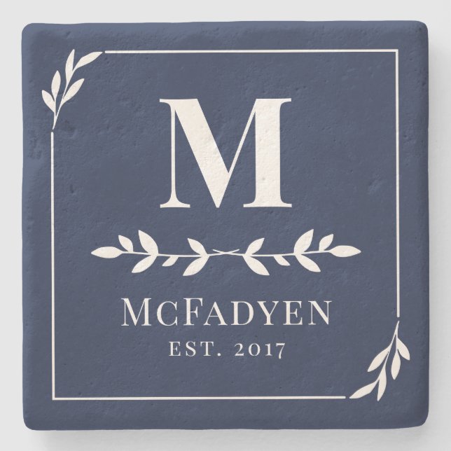 Elegant Navy Blue & White Greenerity Monogram Steinuntersetzer (Vorderseite)