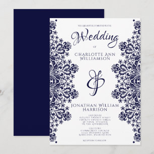 Elegant Navy Blue White Lace Romantic Wedding Invi Einladung