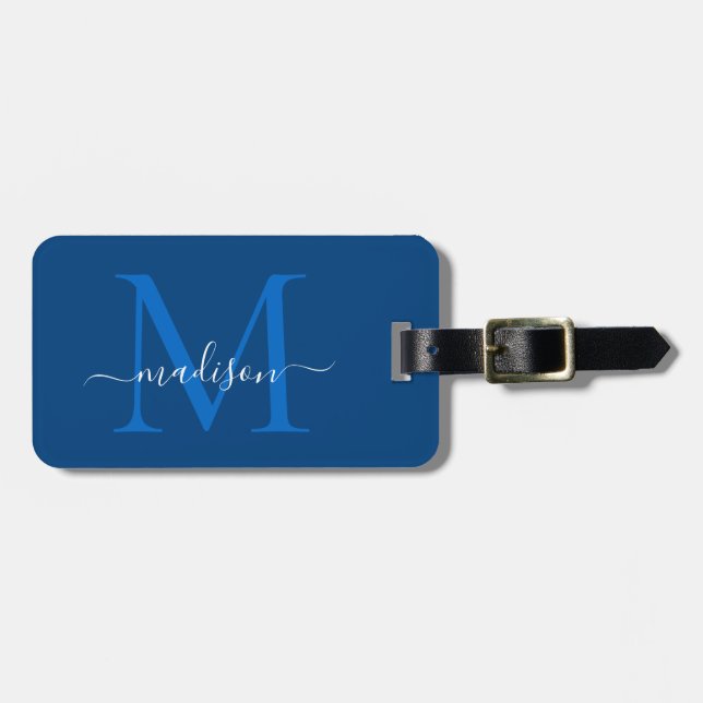 Elegant Navy Blue White Monogram Script Name Gepäckanhänger (Vorderseite horizontal)