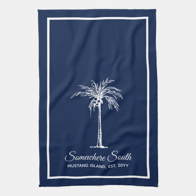 Elegant Navy Blue White Palm Tree Personalisiert Geschirrtuch (Vertikal)