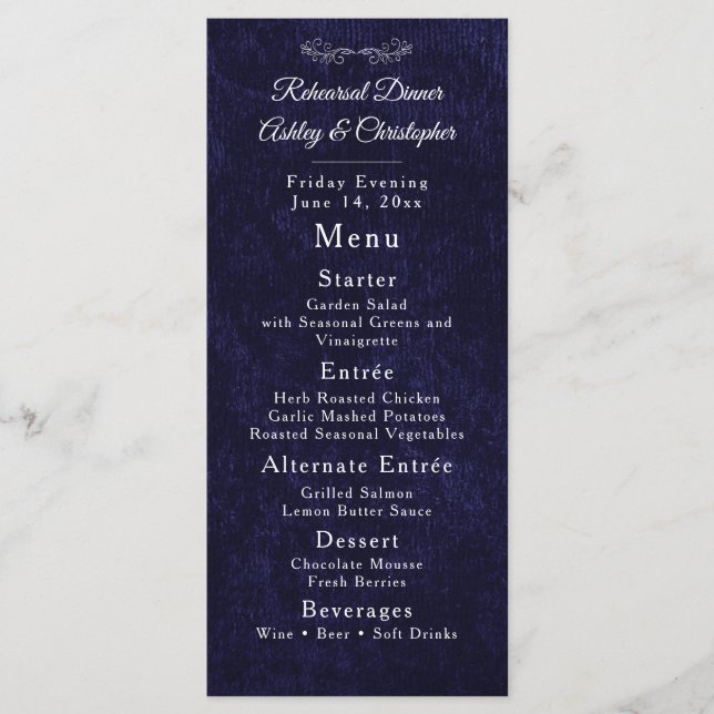 Elegant Navy Blue White Rehearsal Dinner Menükarte (Vorderseite)