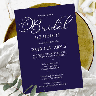 Elegant Navy Blue White Script Bridal Brunch Einladung