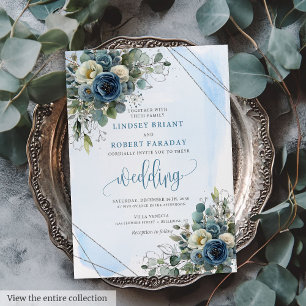 Elegant Navy Blue White Silver Floral Wedding Einladung