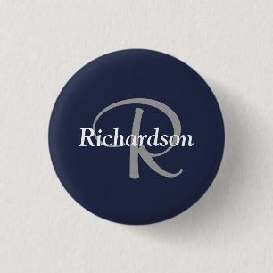 Elegant Navy Blue White Silver Gray Mit Monogramm Button