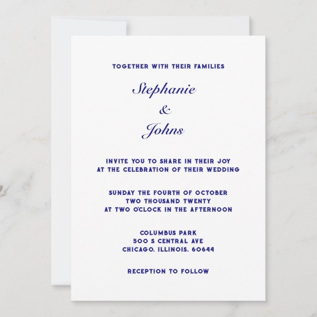Elegant Navy Blue White Simple Minimal Wedding Einladung (Vorderseite)