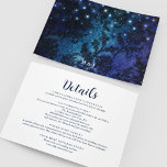 Elegant Navy Blue Winter Wedding Details Begleitkarte<br><div class="desc">Elegant navy blue and white winter wedding invitation details card to match the suite with the website, reception information, accommodation, and transportation info. It features a unique enchanted or whimsical background of a floral pattern and snow details that look like string lights on the back with a monogram of the...</div>