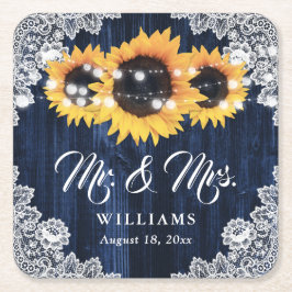 Elegant Navy Blue Wood Lace Sunflower Wedding Rechteckiger Pappuntersetzer