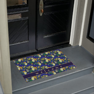 Elegant Navy Blue & Yellow Floral   Begrüßung Fußmatte